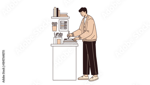 Illustration of a man writing or taking notes at a table with books and stationery items