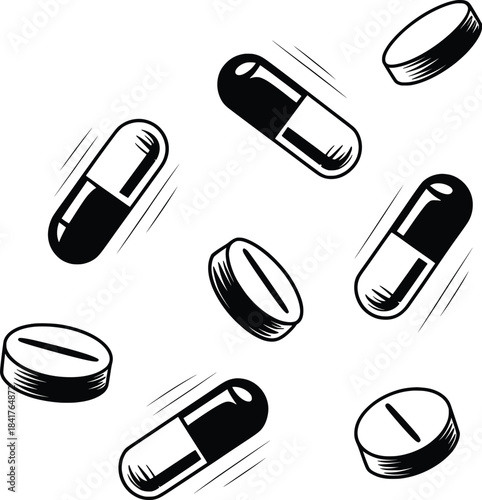 Black and White Medicine Pills and Capsules Illustration.