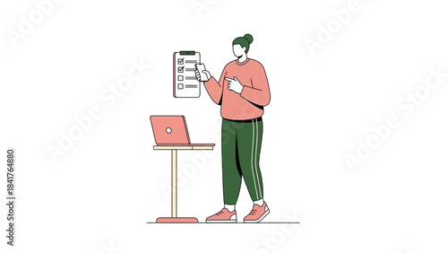 Illustration of a person checking a list on a clipboard near a laptop computer