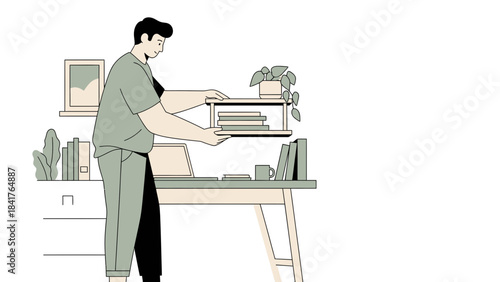 Illustration of a person arranging books and a plant on a desk in a workspace