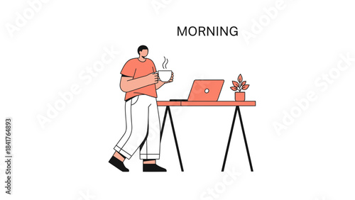 Illustration of a person having morning coffee and working at his laptop computer