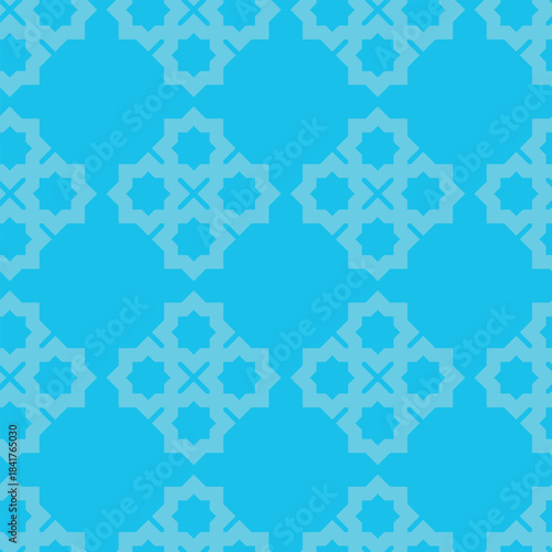 A seamless blue geometric pattern featuring decorative ornamental shapes and repeating symmetrical elements. Perfect for backgrounds, textiles, wallpapers, packaging, digital prints.