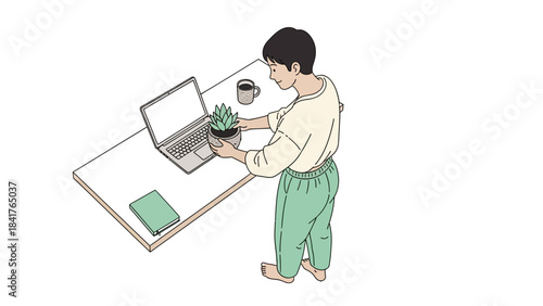 Illustration of a person working on a laptop with a plant on a white desk
