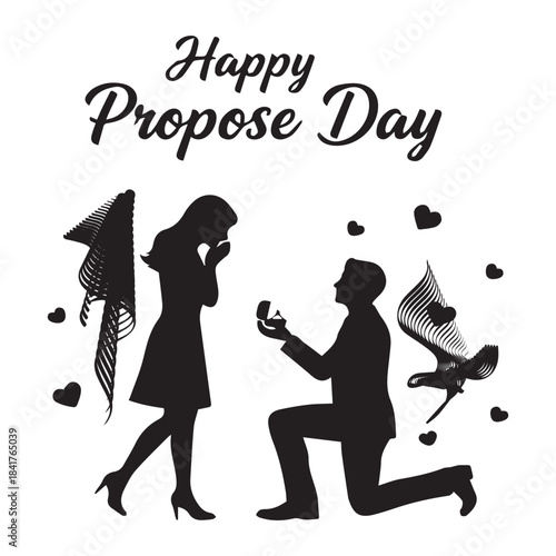 Romantic proposal silhouette with hearts and birds on propose day