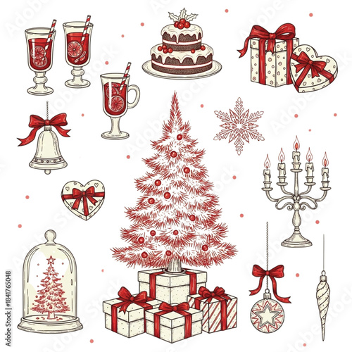 Festive Christmas Illustration with Red and White Elements treats keywords