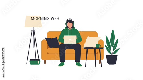 Illustration of a person working remotely at home on a laptop in the morning