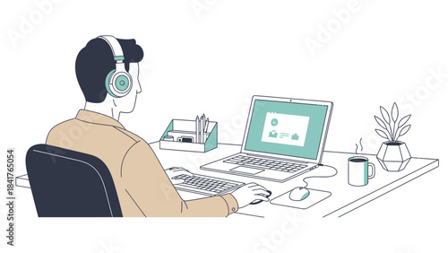 Illustration of a person working on a laptop with headphones and a coffee cup