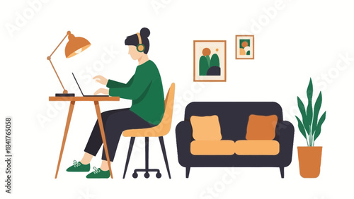 Illustration of a person working remotely or studying at home using a laptop and headphones