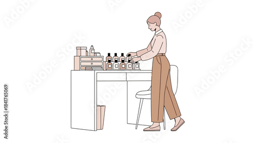 Illustration of a woman arranging beauty products on a desk in a minimalist style