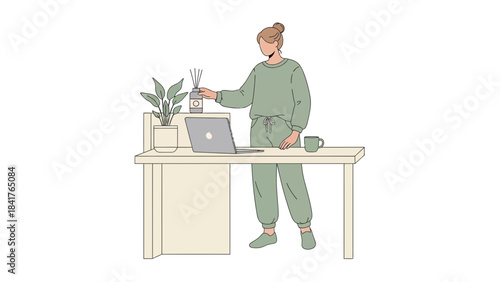 Illustration of a woman at a desk with a laptop, plant, and diffuser in a relaxed pose.