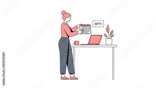 Illustration of a woman at a desk with laptop and calendar, representing WFH lifestyle