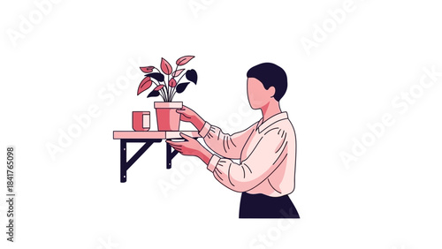 Illustration of a Woman Caring for a Potted Plant on a Wooden Shelf, Minimalist Art