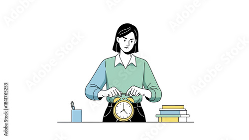 Illustration of a woman with an alarm clock, symbolizing time management and work