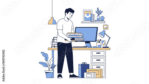 Man Holding a Pile of Books in Front of a Desk with a Computer and Lamp