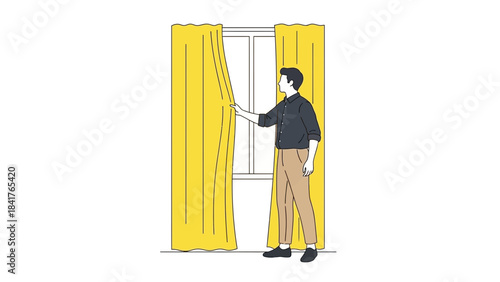 Man Opening the Curtains in a Room, Vector Illustration on White Background
