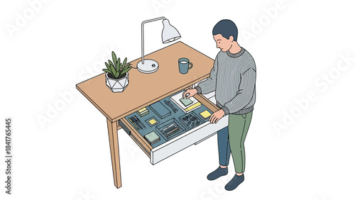 Man organizing his desk drawer with stationary, plant, lamp, and mug illustration