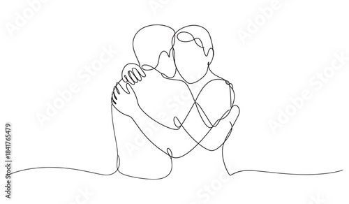 Friends hugging in continuous line art, symbolizing friendship, love and support, minimalist vector illustration