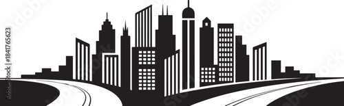 Highway Street with Skyscrapers City. design Vector black silhouette