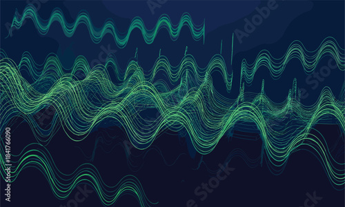 Abstract green waveform visualization of dynamic signal patterns on dark background for audio, data, and tech analysis themes