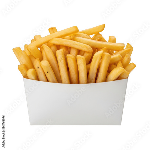A white paper container filled with golden fried french fries isolated on transparent background