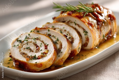 Plate of Chicken Galantina, golden brown, garnished with rosemary, on beige cloth. Concept of festive Filipino chicken roll roulade with elegant presentation and texture.