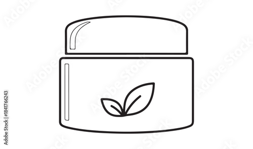 Simple line drawing of a cosmetic jar with leaf isolated on