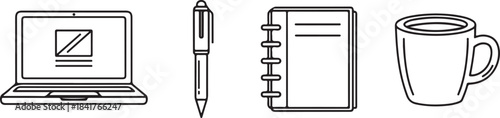 Laptop, Pen, Notebook, and Coffee Mug Icons in Black and White Line Art computer writing