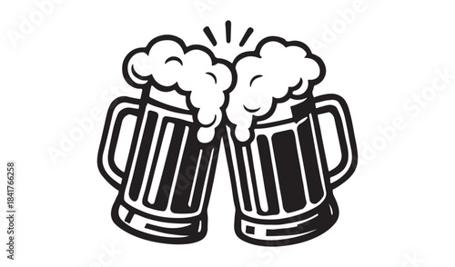 Two beer mugs cheering with foam on isolated