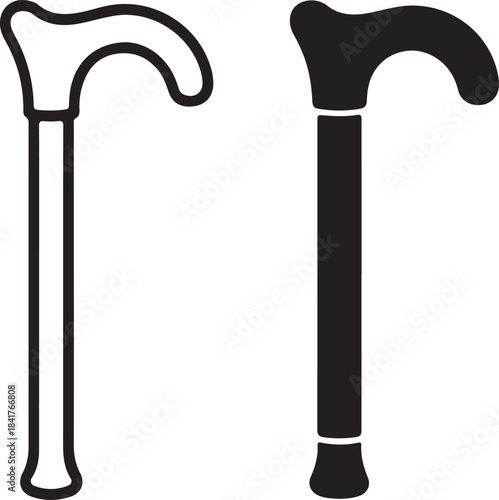 Outline And Silhouette Of A Classic Walking Cane With A Curved Handle stick support