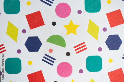 Vibrant Memphis Style Geometric Shapes Pattern, Seamless Background, Modern Graphic Design Wallpaper with Square, Hexagon, and Star Shapes