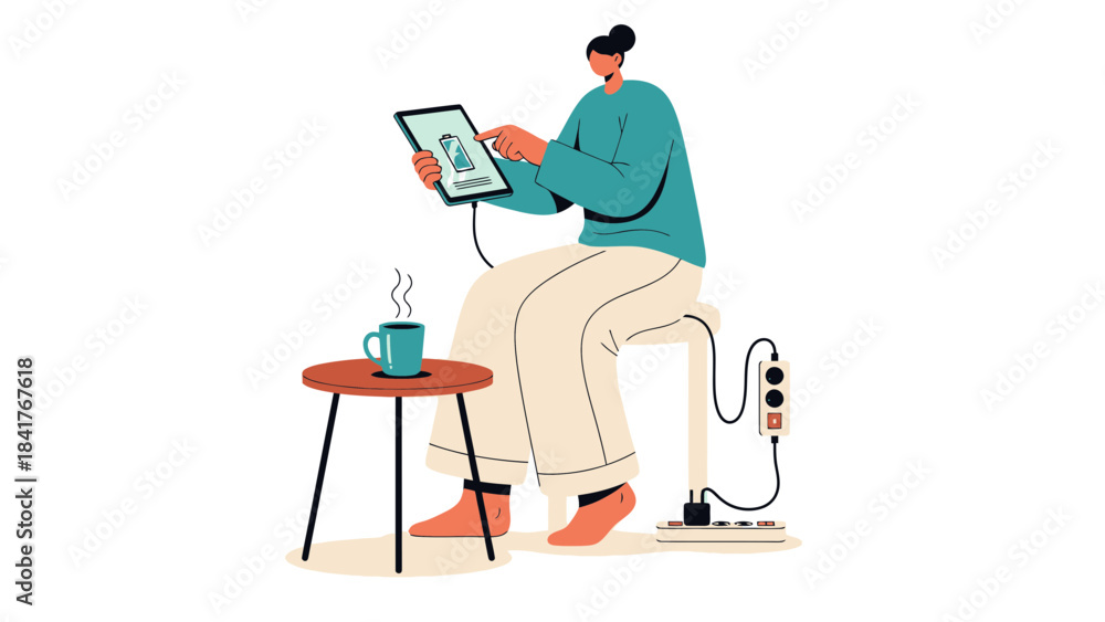 Fototapeta premium Person charging tablet computer while drinking coffee in illustration design style