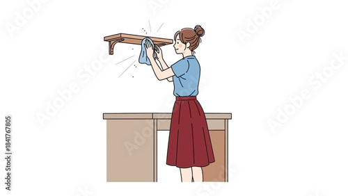 Woman Cleaning the Wooden Shelf in the House with a Cloth and Dusting