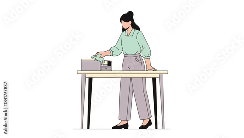 Woman Cleaning Printer on Desk: Office Workplace Maintenance and Illustration