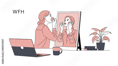 Woman gets ready for work from home WFH preparing while looking in mirror and using makeup