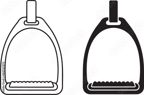 Outline and Solid Fill Icons of a Horse Riding Stirrup on a White Background Keywords: horse riding, equestrian, stirrup, saddle, horse