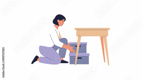 Woman kneeling near boxes by a table vector illustration on a white background design