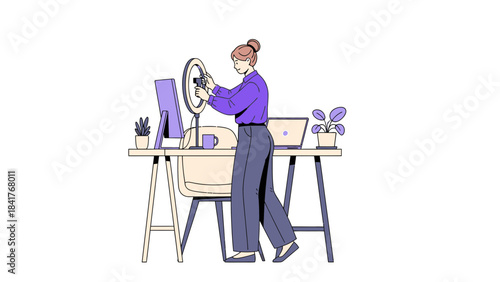 Woman Setting Up Ring Light and Camera for Content Creation or Vlogging Project