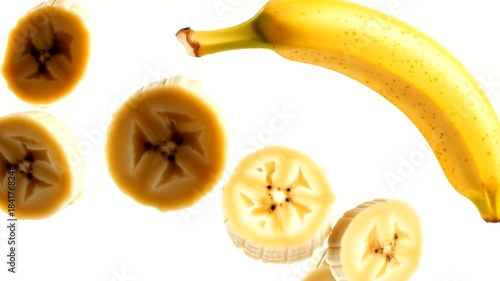 Fresh bananas and sliced bananas floating in mid-air on white background