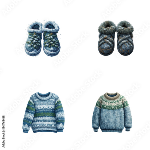 Collection of cozy winter clothing items two pairs of warm boots and two knitted sweaters, perfect for cold weather and holiday seasons