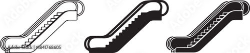 Three Escalator Icons One Outline Two Solid Black Variations moving stairs