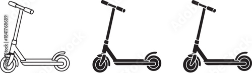 Three Scooter Icons One Outline Two Solid Black Variations electric scooter kick scooter