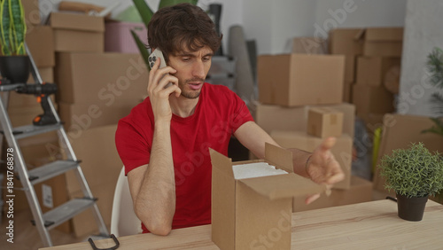 Fotografie Man in red shirt holds smartphone to ear, opens cardboard box and gestures palm up in building; confusion