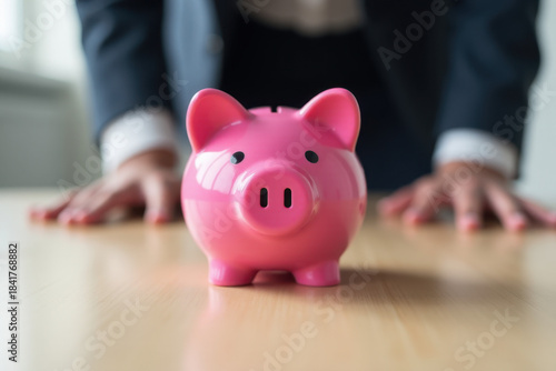 Businessperson focusing on pink piggy bank on wooden table in office setting during work hours