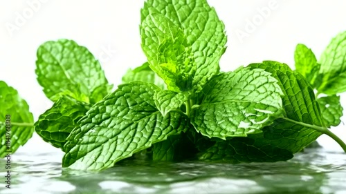 Fresh mint leaves floating on water surface with natural light