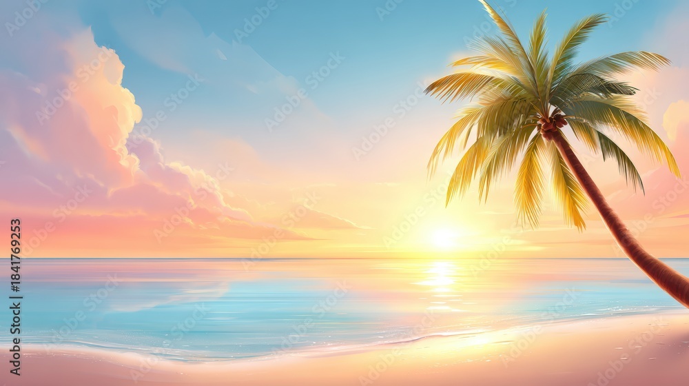 Obraz premium A serene beach scene at sunset with a palm tree silhouetted against a colorful sky, perfect for travel brochures, relaxation themes, or tropical vacation promotions,