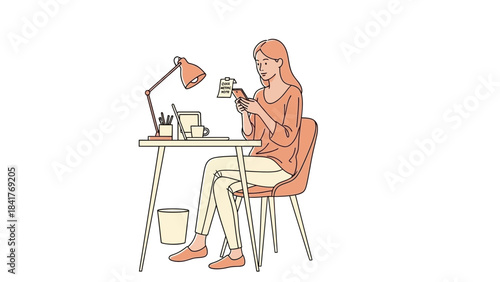 Woman using smartphone and other devices at her desk, working or studying from home or office
