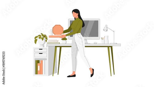 Woman with pizza on her way to office work, illustration design for food delivery