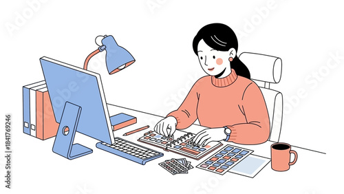 Woman working at a desk on her computer and calculator in a stylized illustration