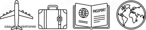Travel Icons Featuring Airplane Suitcase Passport and Globe Outline aircraft