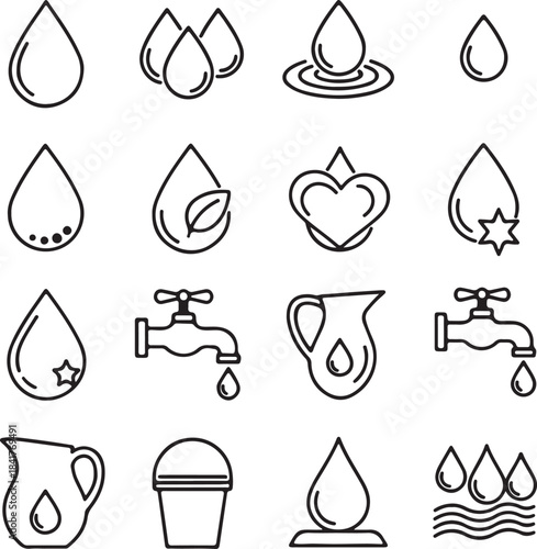 Water drop and related icons set droplet liquid